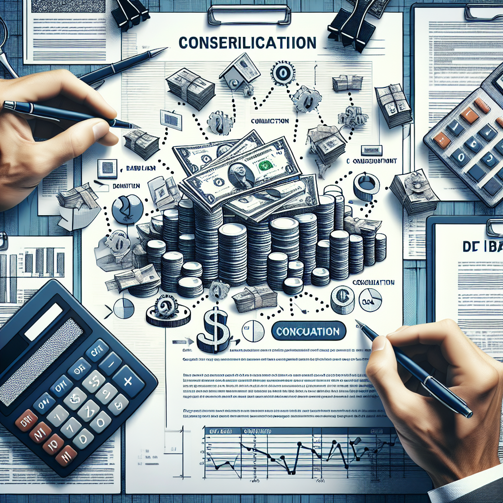 Illustration of organized financial documents, calculator, and loan agreement symbolizing simplified debt repayment through consolidation.
