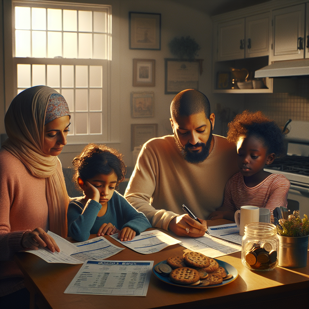 A diverse American family sits together at a kitchen table under warm window light, reviewing bills and a grocery list with thoughtful expressions, symbolizing resilience and hope as they navigate budgeting and financial hardship after SNAP benefits end.