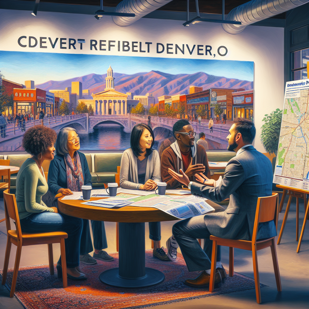 A group of diverse Denver residents discussing debt relief options at a local community center, with informational brochures and city maps on the table.