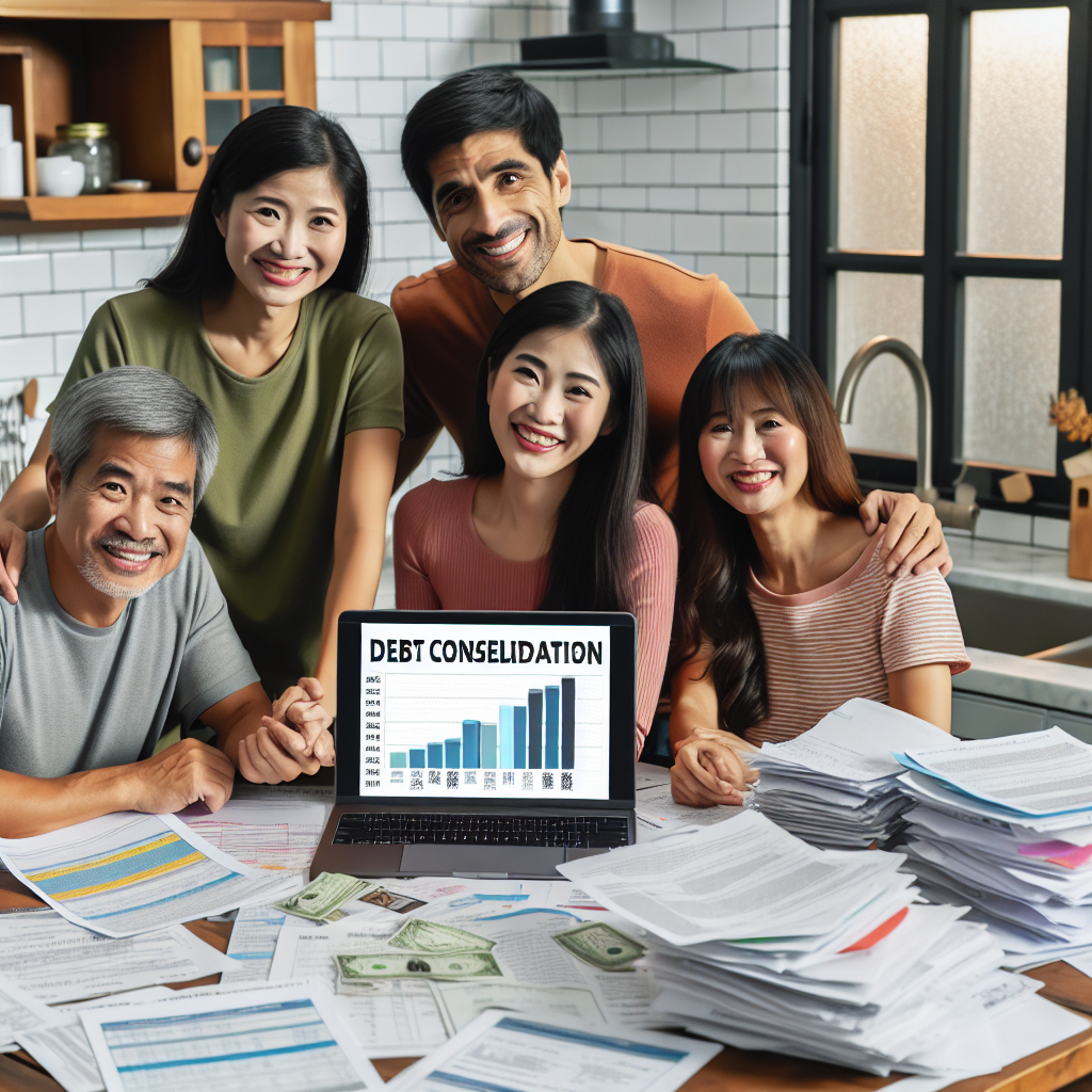A smiling middle-income Fresno family reviews debt consolidation options together at their kitchen table, surrounded by paperwork and a laptop.